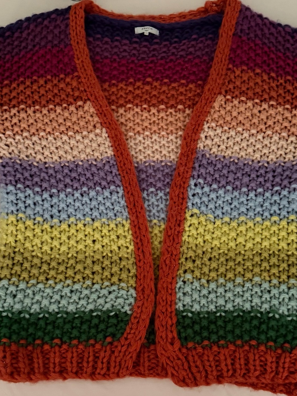 Striped Chunky Knit Cardigan - Multicolor with Orange Trim